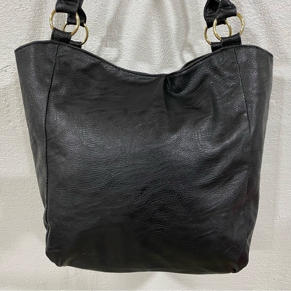 Black Vinyl Handbag Purse Bejeweled Zipper Gold Hardware Bag Double Handles - Picture 11 of 16